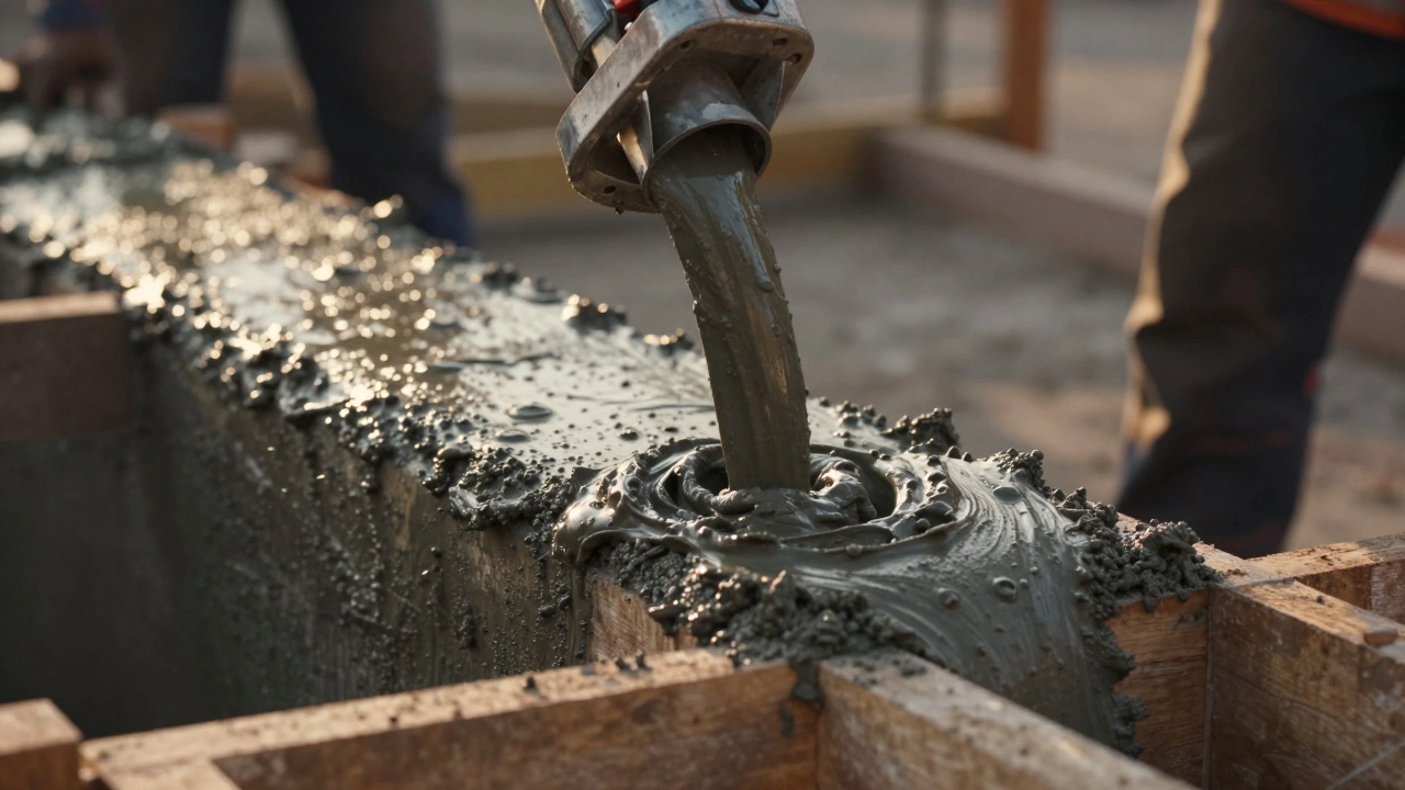 Процесс заливки свежего бетона в деревянную опалубку