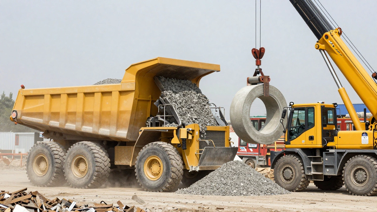 Самосвал выгружает щебень и грузовик-манипулятор устанавливает бетонное кольцо на стройке