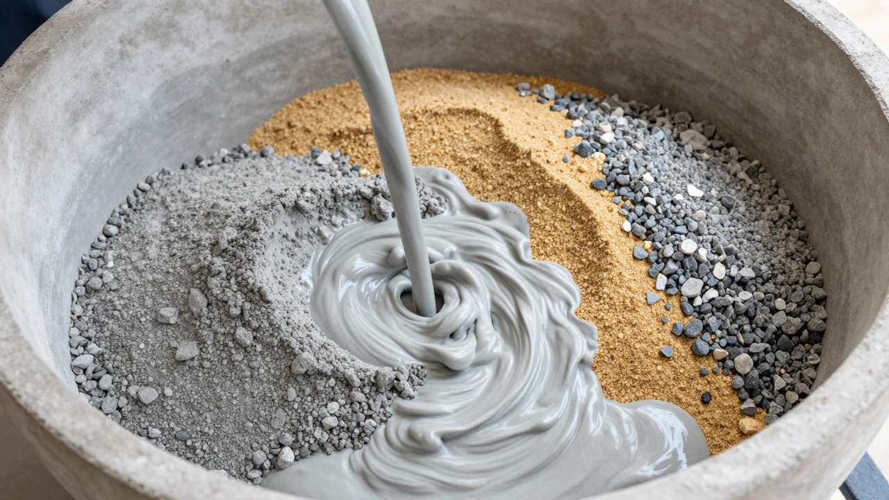 Смешивание цемента, песка и щебня с водой для приготовления бетона