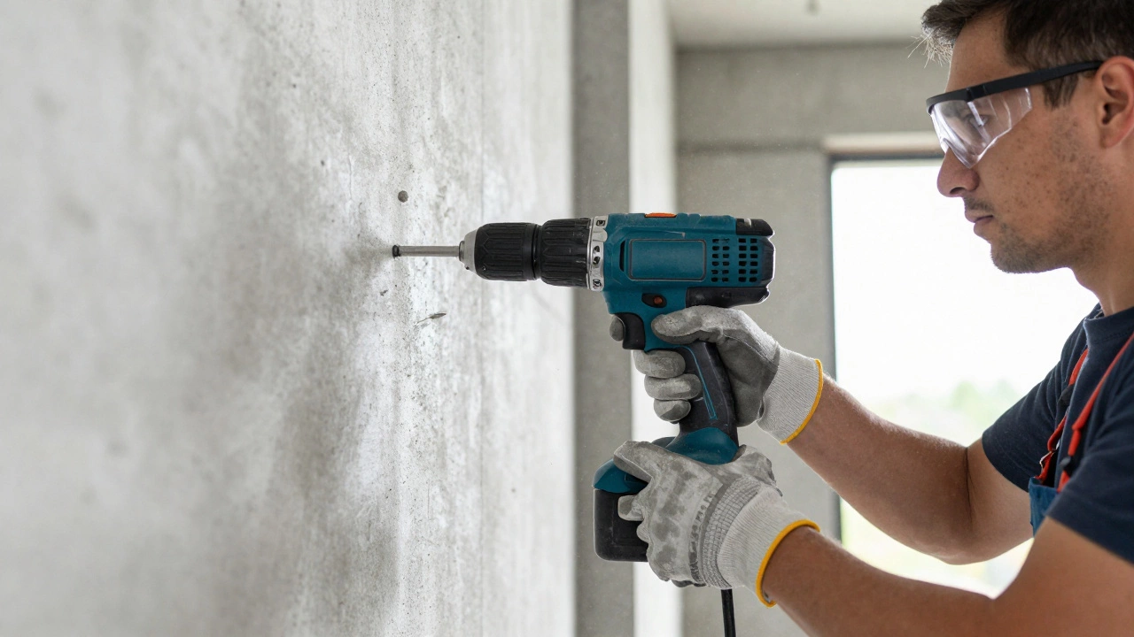 Строитель в защитных очках использует аккумуляторный перфоратор по бетону
