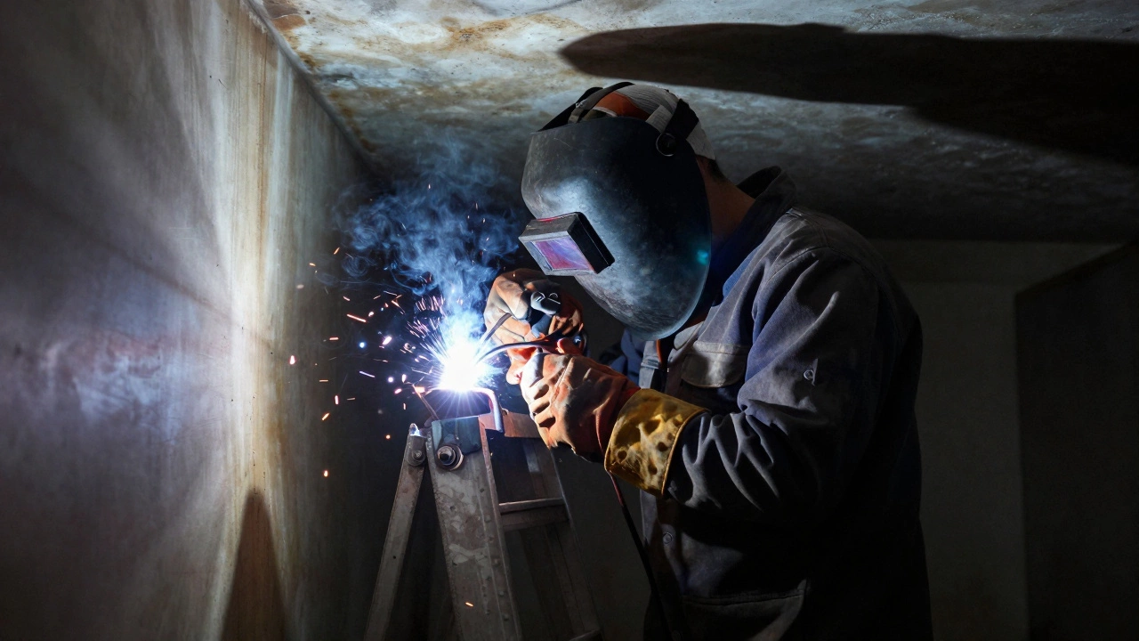 Сварщик в защитной маске работает в труднодоступном месте на высоте
